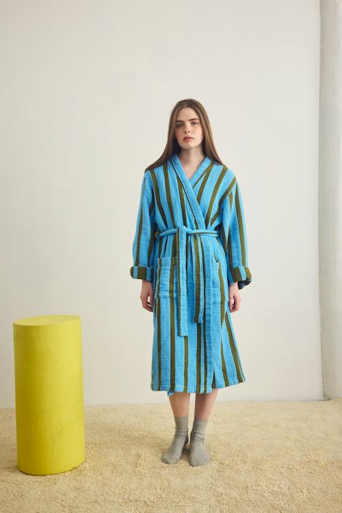 on model image of Waffle Cotton Bathrobe