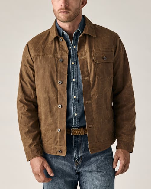 on model image of Flannel-Lined Waxed Trucker Jacket