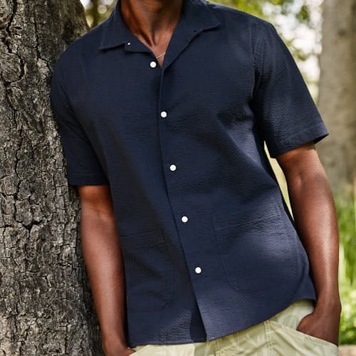 lifestyle image of Classic Seersucker Cuban Shirt