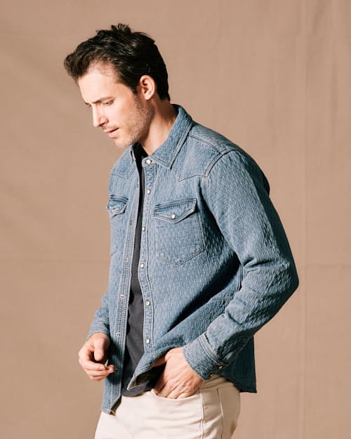 on model image of Quilted Bone Button Western Shirt