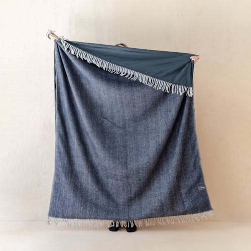 laydown image of Recycled Wool Waterproof Picnic Blanket with Navy Straps