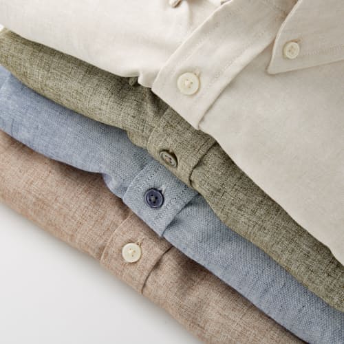 laydown image of Wrinkle Free Linen Short Sleeve Button Down