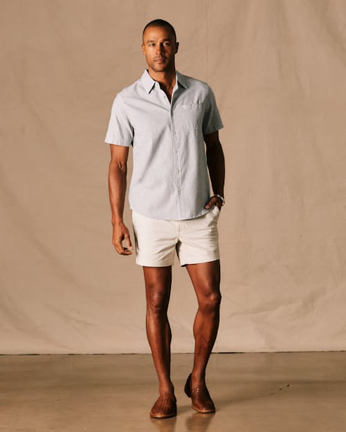 on model image of Easy Hemp Stripe Short Sleeve Shirt