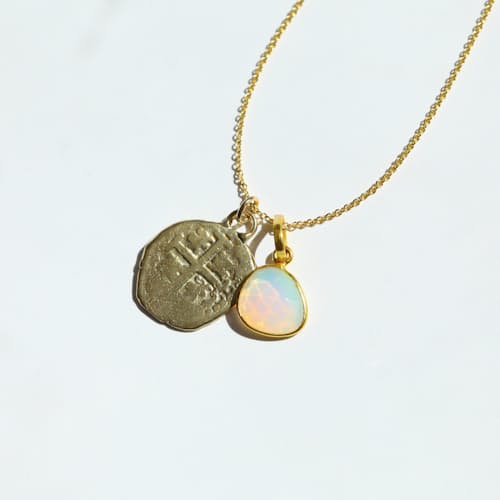 laydown detail image of Women's Coin Relic & Rose Cut Fire Opal Necklace