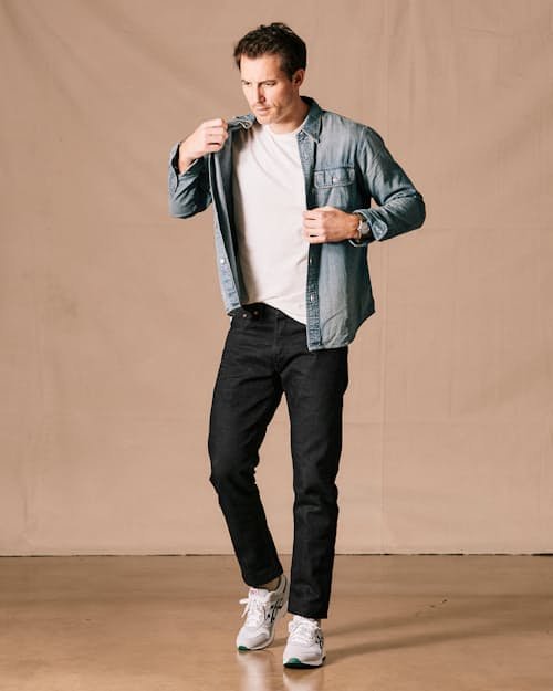 on model image of Slim Fit Selvedge Denim Jeans