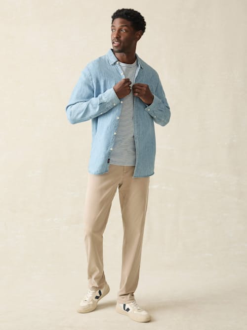 on model image of Tried and True Chambray Shirt