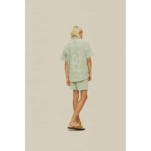 on model image of Camp Collar Crochet Shirt