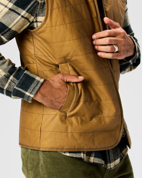 on model image of York Quilted Waxed Vest