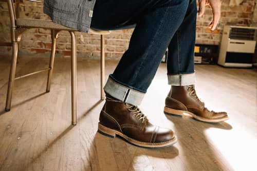 lifestyle image of The Hammer Straight Stretch Selvedge Denim Jeans