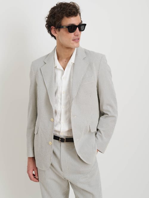on model image of Grant Cotton Seersucker Blazer