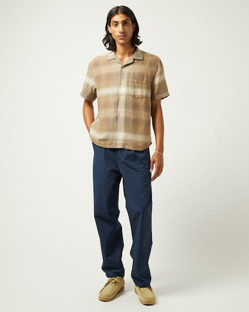 on model image of Asheville Linen Camp Collar Short Sleeve Shirt