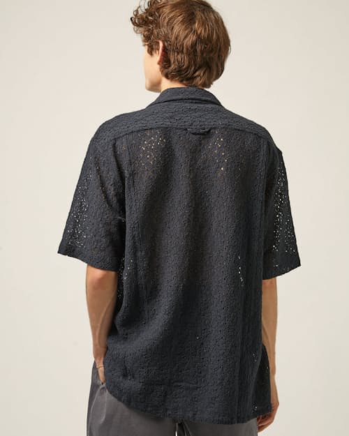 on model image of Floral Lace Camp Collar Short Sleeve Shirt