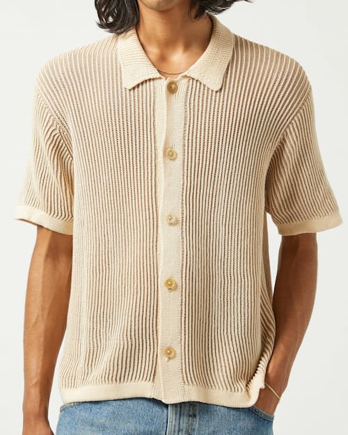 on model image of Plated Sweater Polo