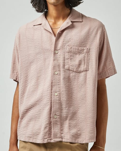 on model image of Striped Seersucker Camp Collar Short Sleeve Shirt