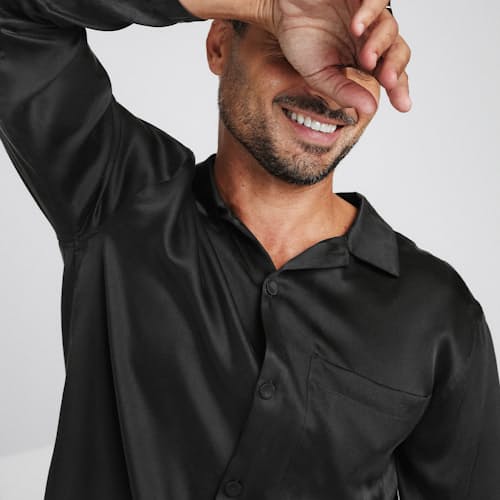 lifestyle image of Washable Silk Button Up Set