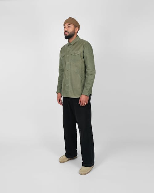 on model image of Crissman Lightweight Waxed Overshirt