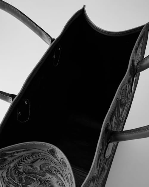 laydown detail image of Western Hand Tooled Leather Tote Bag - Large