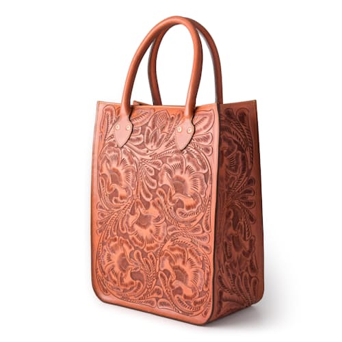 laydown image of Western Hand Tooled Leather Tote Bag - Medium