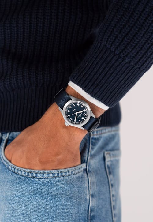 on model image of Khaki Field Quartz 38mm Field Watch