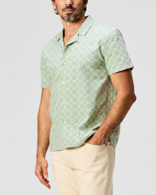 on model image of Embroidered Dobby Camp Collar Shirt