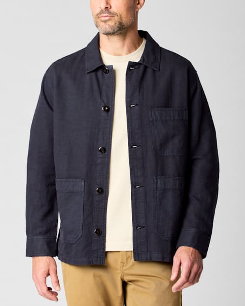 on model image of Linen Chore Coat