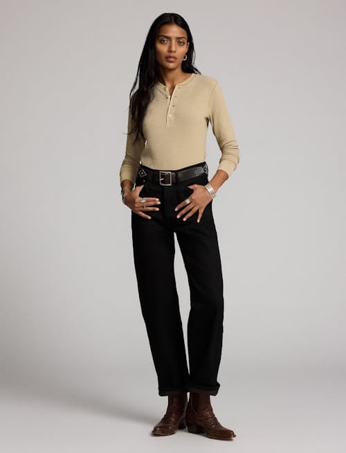 on model image of Women's Waffle Knit Henley