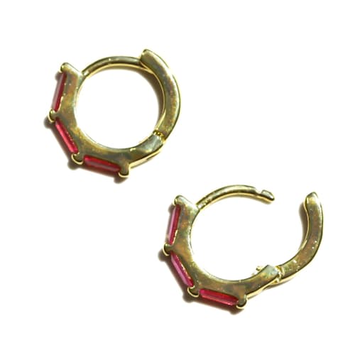 laydown image of Women's Stacked Ruby Huggie Earrings