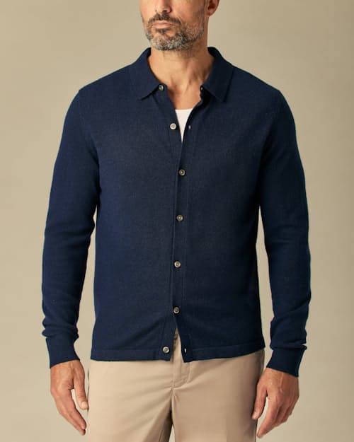 lifestyle image of EasyCash Merino Long Sleeve Polo Cardigan