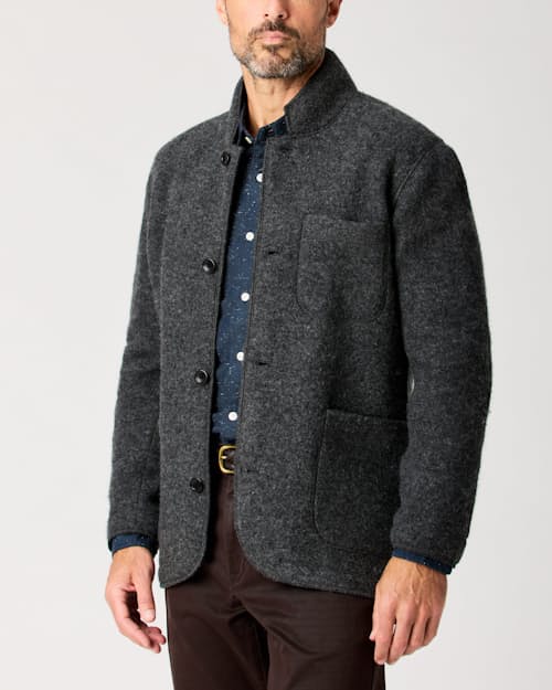 on model image of The Boiled Wool Chore Blazer