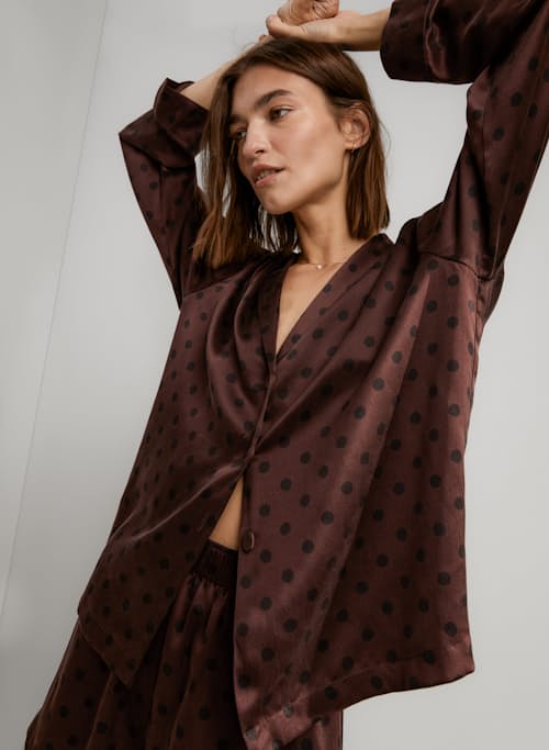 on model image of Women's Washable Silk Button Up Long Sleeve Short Set