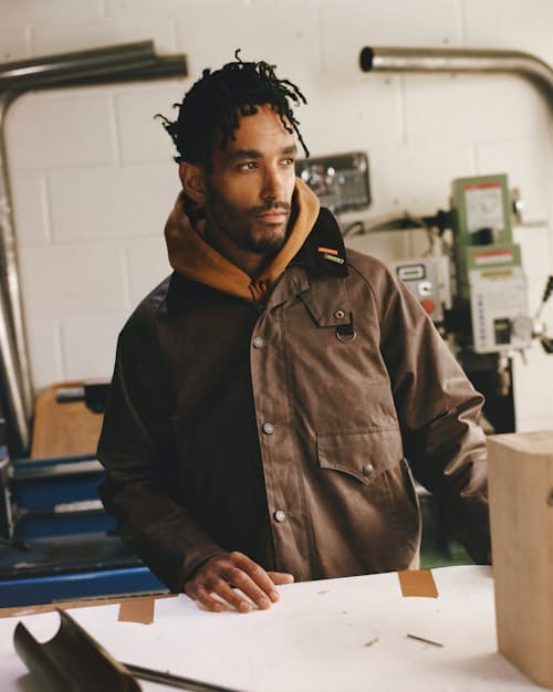lifestyle image of Barbour x Levi's Spey Waxed Jacket