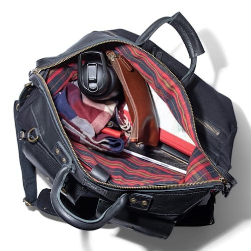 laydown image of Canvas and Leather Travel Duffle