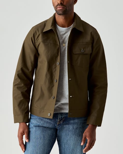 on model image of Dry Wax Trucker Jacket