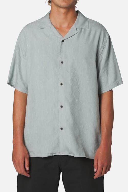 on model image of Teller Striped Camp Short Sleeve Shirt