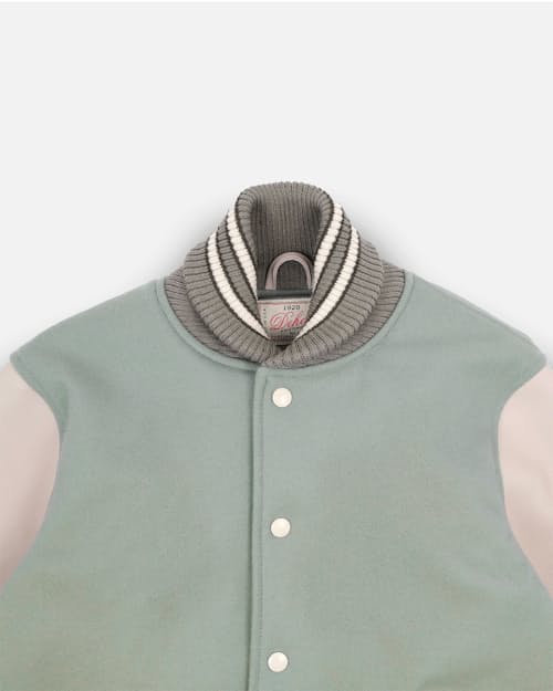laydown detail image of Leather and Wool-Blend Varsity Bomber Jacket