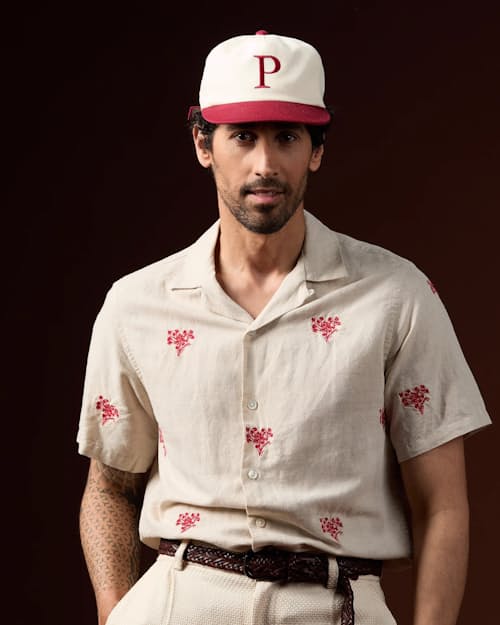 on model image of Embroidered Camp Collar Shirt