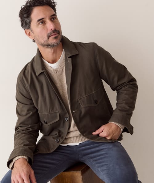 on model image of Waxed Trucker Jacket