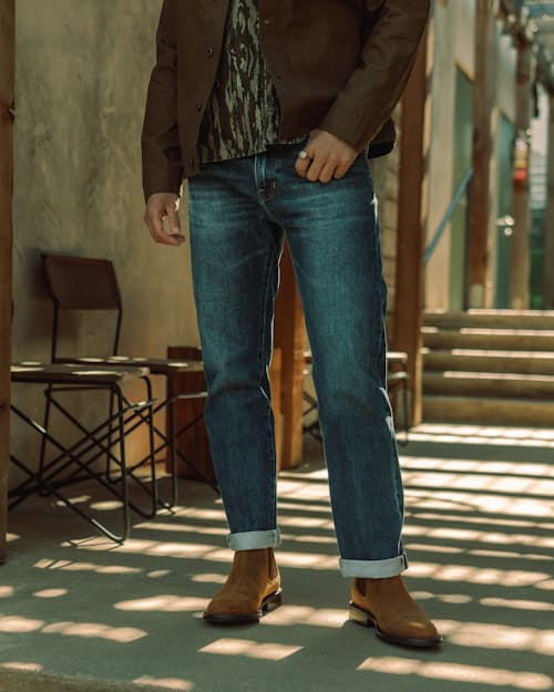 lifestyle image of Rigid Selvedge Denim - HB Athletic Straight