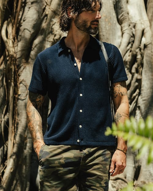 lifestyle image of Ribbed Button-Up Sweater Polo