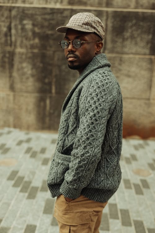 lifestyle image of Aran Cable Knit Cardigan Sweater