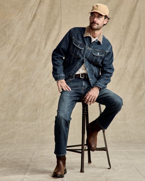on model image of Flannel-Lined Denim Trucker Jacket