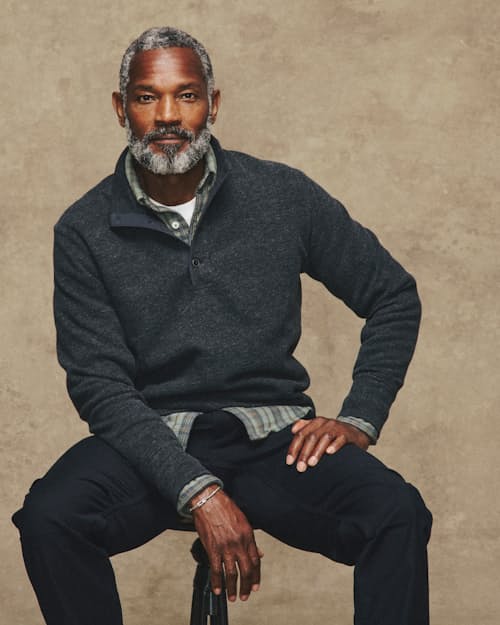 lifestyle image of French Ribbed Mock-Neck Sweater