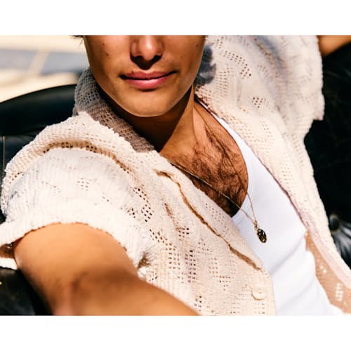 lifestyle image of Camp Collar Crochet Shirt