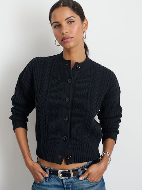 on model image of Women's Cable Knit Nico Chunky Cardigan