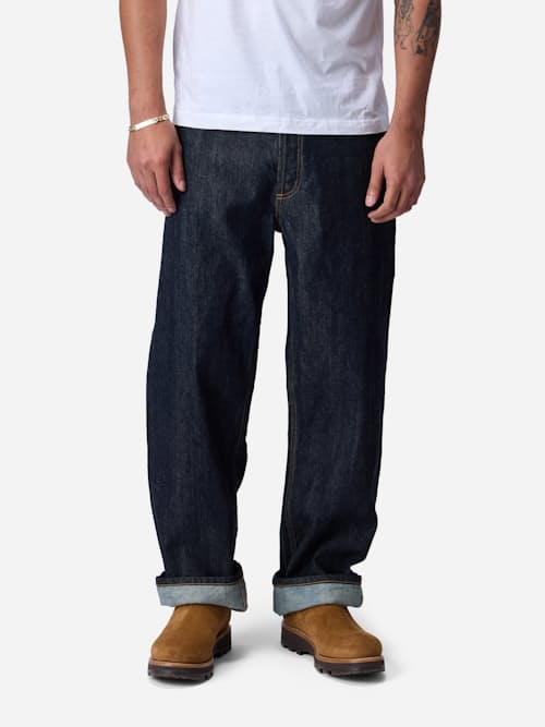 on model image of Relaxed Straight Selvedge Denim Jeans
