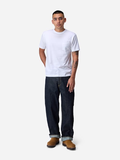 on model image of Relaxed Straight Selvedge Denim Jeans