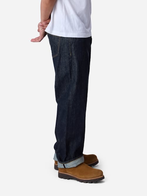 on model image of Relaxed Straight Selvedge Denim Jeans
