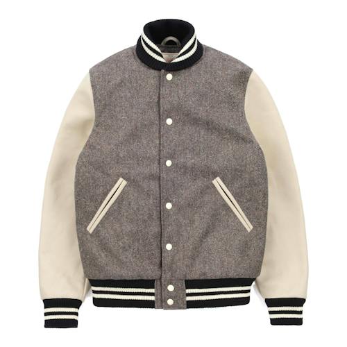 laydown image of Leather and Wool-Blend Varsity Bomber Jacket