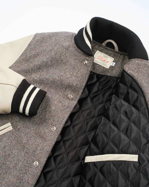 laydown detail image of Leather and Wool-Blend Varsity Bomber Jacket