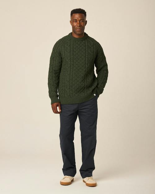 on model image of Hudson Aran Sweater